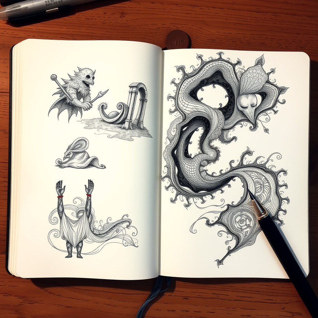 Fantasy Horror Novel Illustration Sketches in Ink