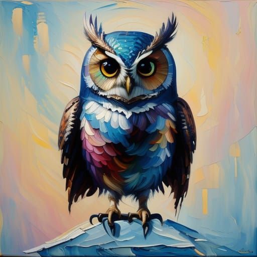 Surreal Steampunk Owl in Iridescent Oil Painting