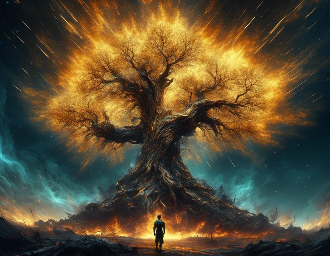 Fiery Golden Tree Under Nebula Sky