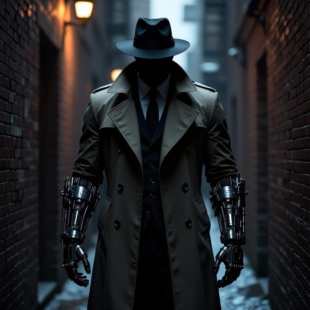Mysterious Man with Mechanical Arms in Film Noir Style