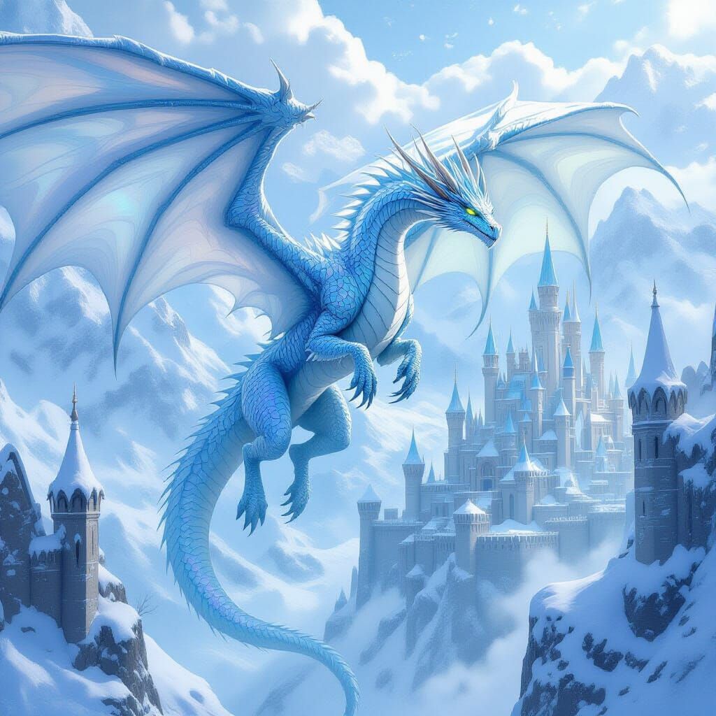 Ice Dragon Soaring Over Frozen Kingdom