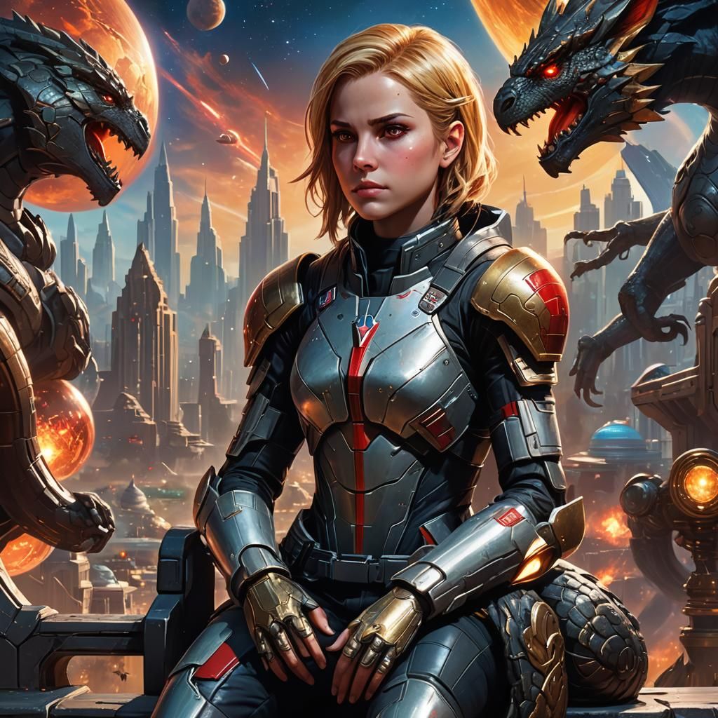 Young Commander Shepard with Dragon Bench, Hyperrealistic Ar...