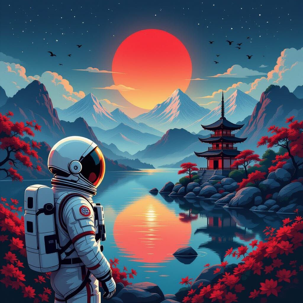 Astronaut in a Whimsical East Asian Landscape Painting