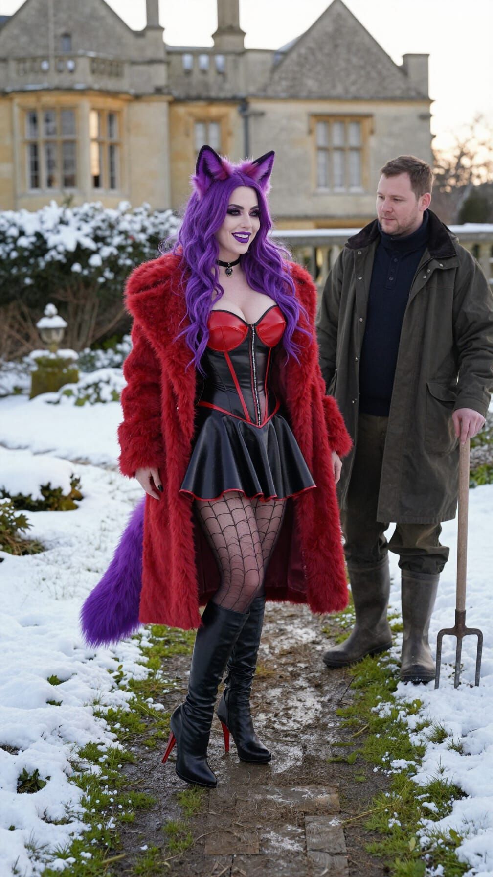 Gothic Fox-Eared Woman in Snowy Mansion Gardens