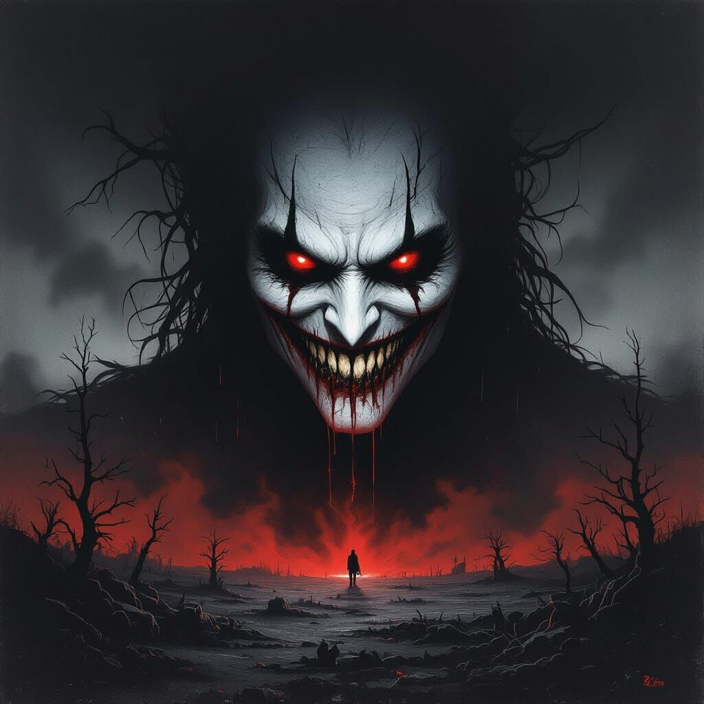 Terrifying Character With Red Eyes in Dark Horror Landscape