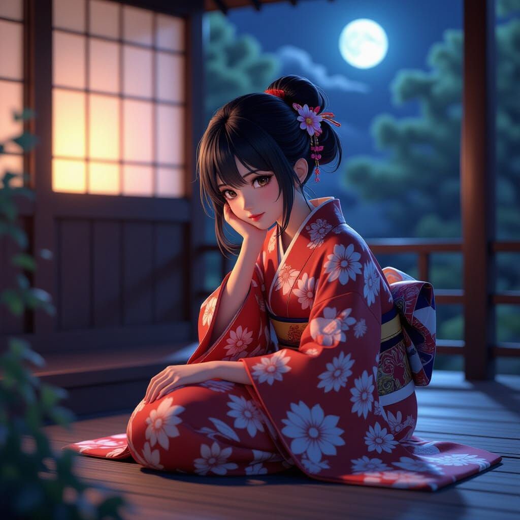Woman in Kimono Leans on Shoulder on Engawa