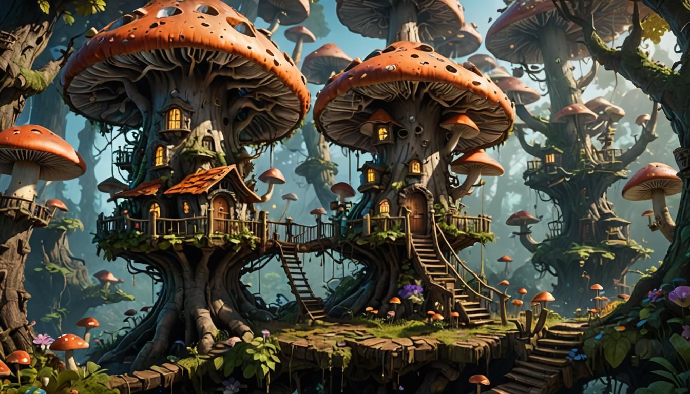 Detailed Mushroom Treehouse Fantasy Concept Art