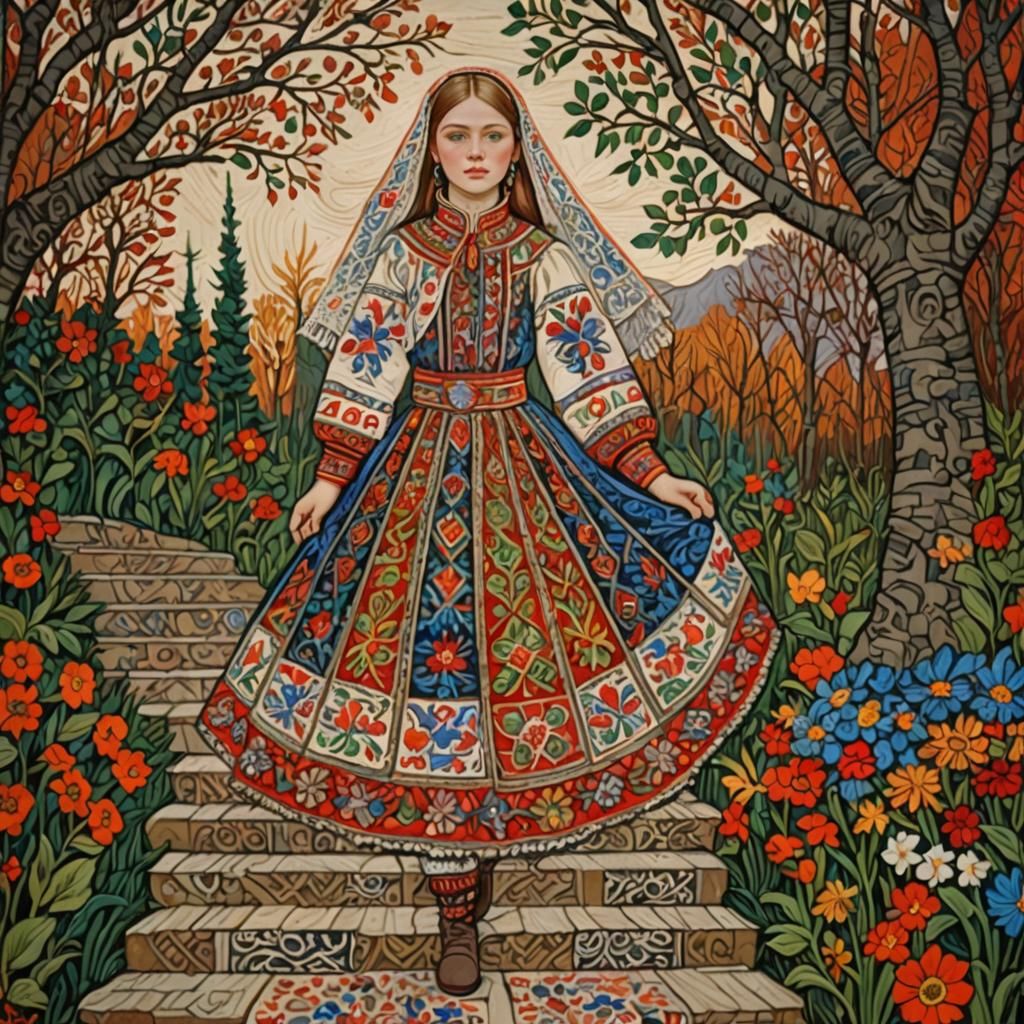 Girl in Slavic Costume, Folk Art Portrait