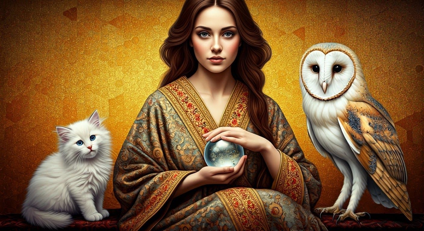 Woman in Elegant Robe with Kitten and Owl