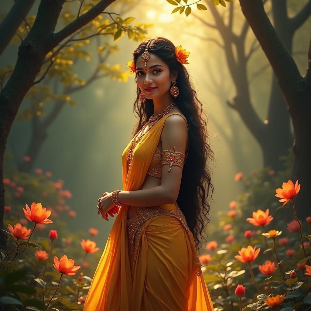 Devi Sita in Lush Forest: Golden Silk and Divine Light
