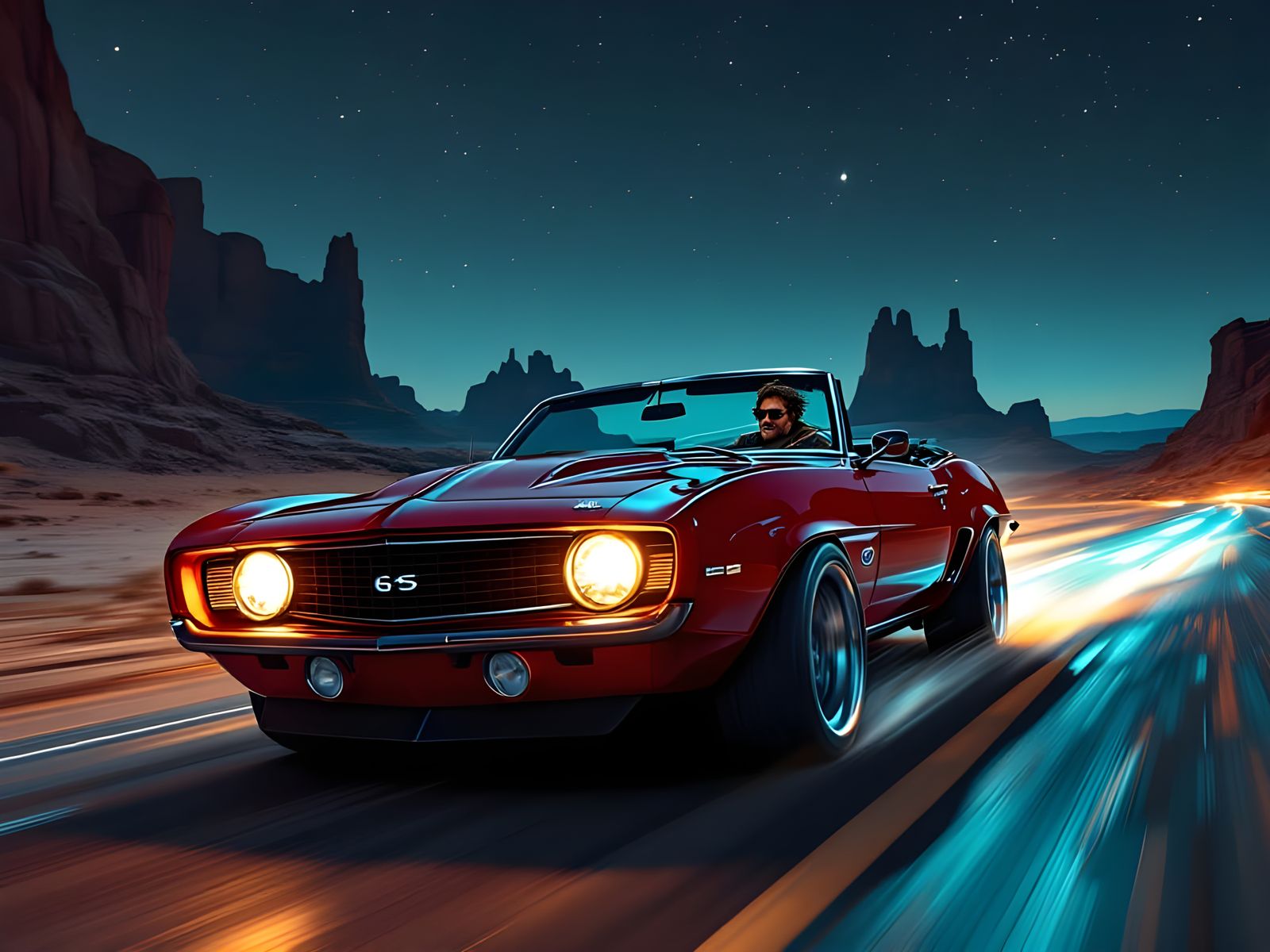 Driver Speeds Down a Futuristic Desert Highway in a Cyberpun...