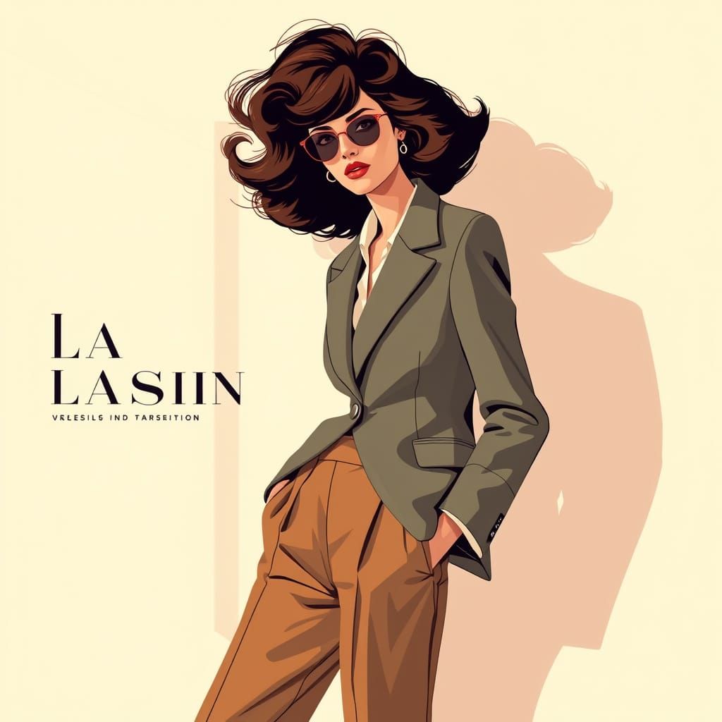 1970s Fashion Illustration: Stylish Woman in Blazer and Trou...