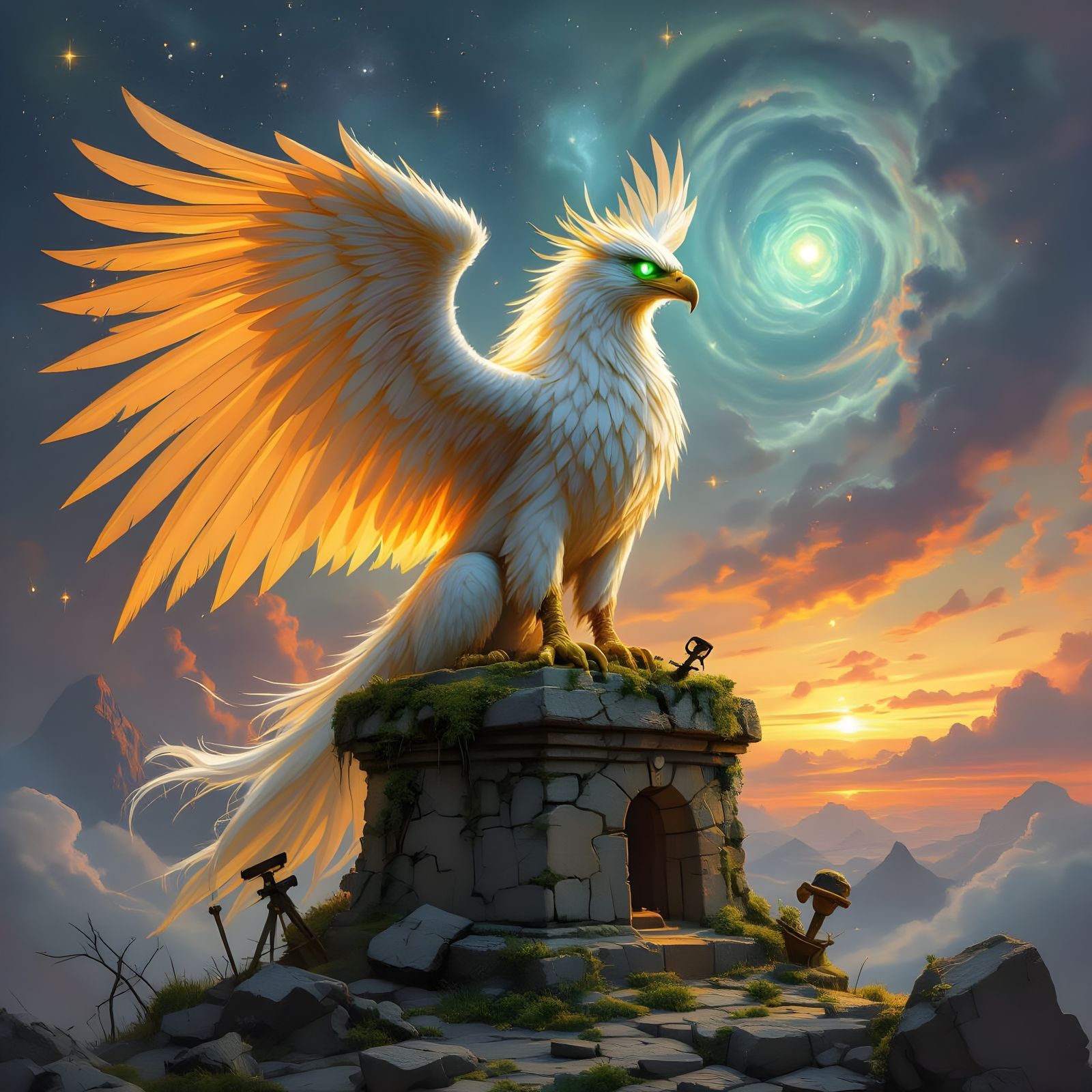 Majestic Griffin on Ancient Observatory Against Cosmic Nebul...