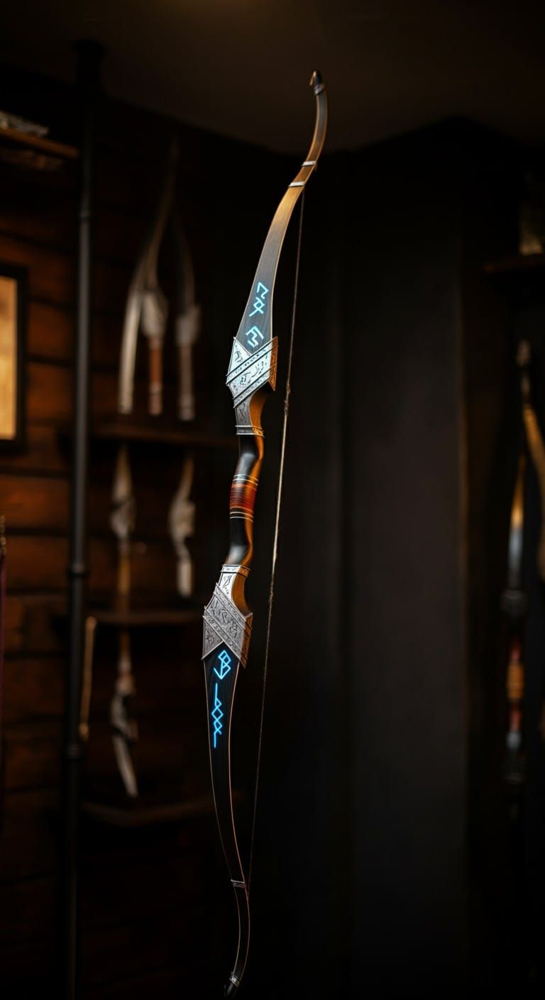 Enchanted Blackwood Longbow with Runes and Magical Glow