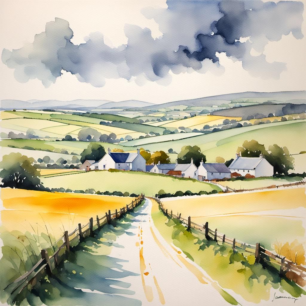 Irish Rural Landscape in Watercolor Style