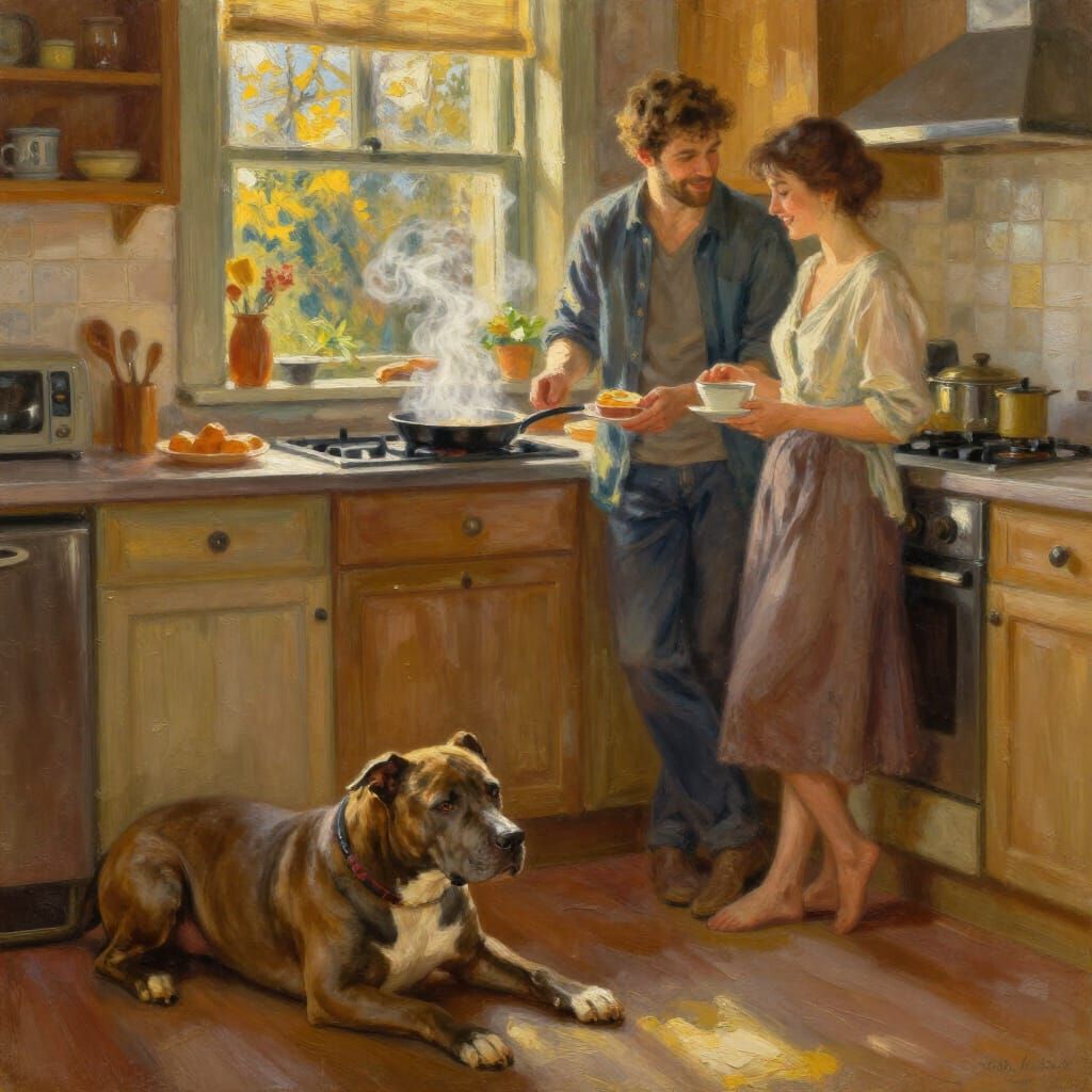 Couple Cooking Breakfast with Pitbull in Golden Light