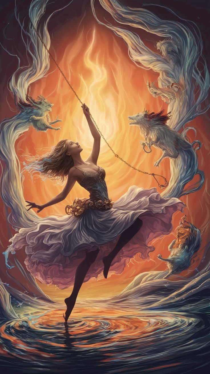 Ethereal Goddess Swings in Vibrant, Dreamlike Dance