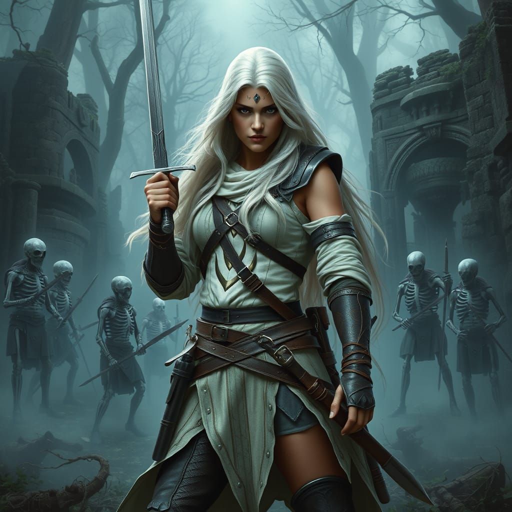 Elegant Female Ranger in Mystical Forest Battleground