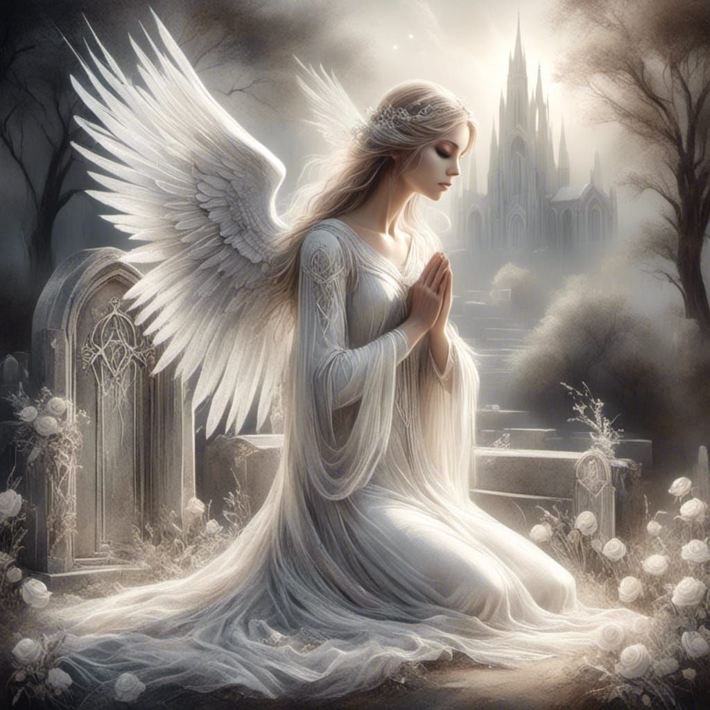 Angel with Silver Wings Praying in Airbrush Art