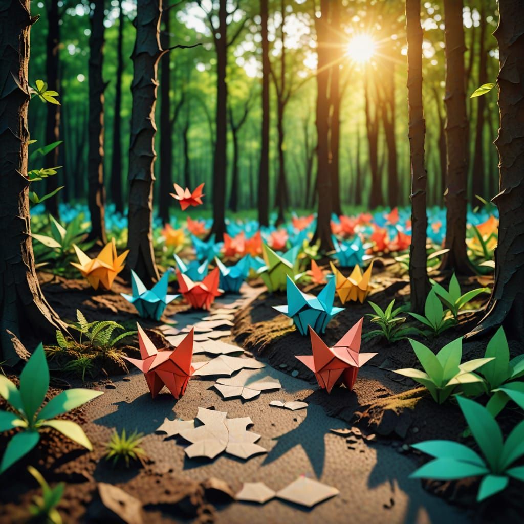 Forest Path at Sunset in Origami Papercraft Style