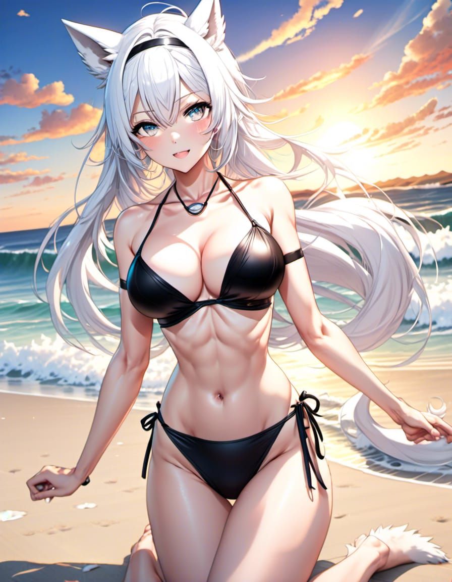 Anime Woman with Wolf Ears at Sunset