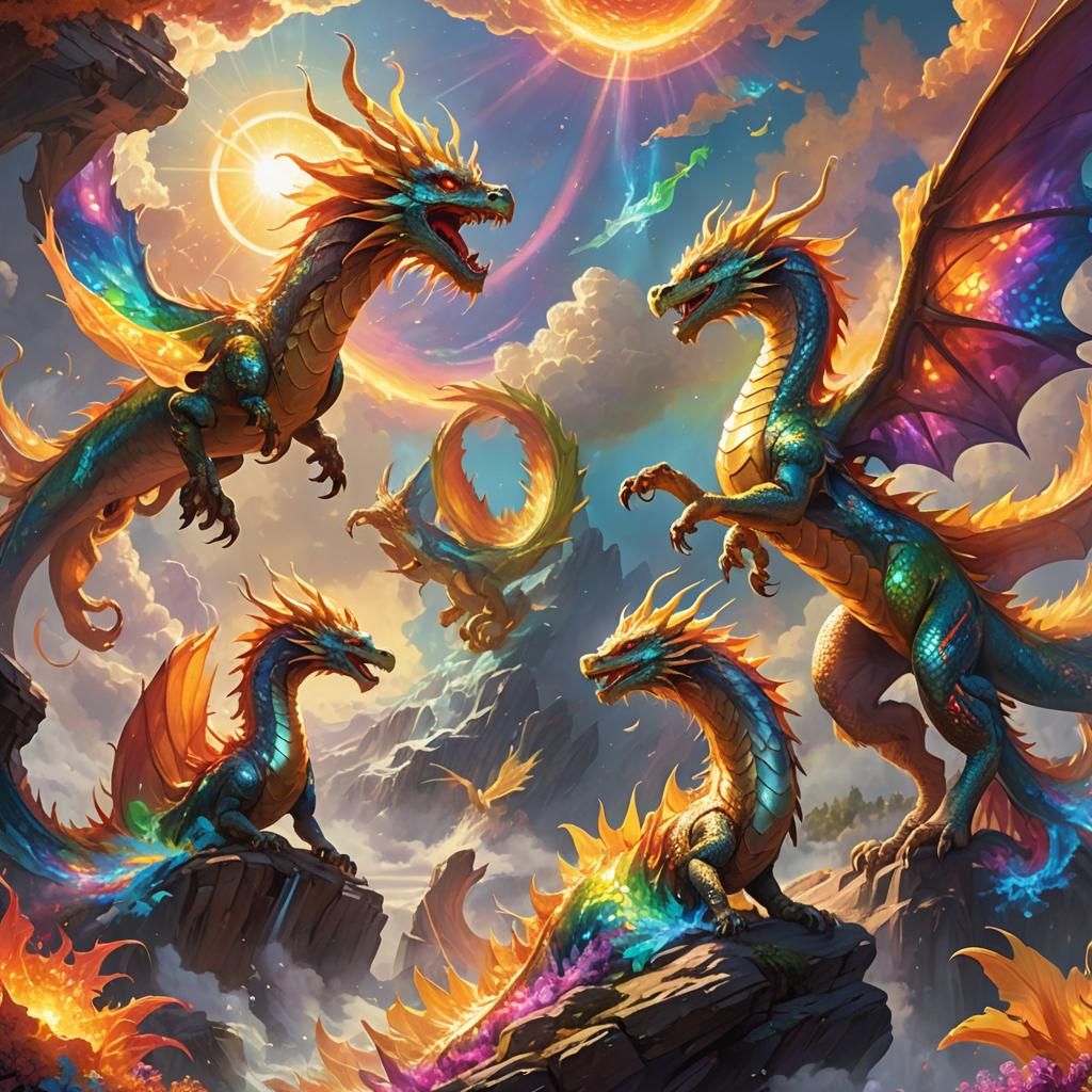 Sun Dragons Dance in Celestial Landscape, Fantasy Art
