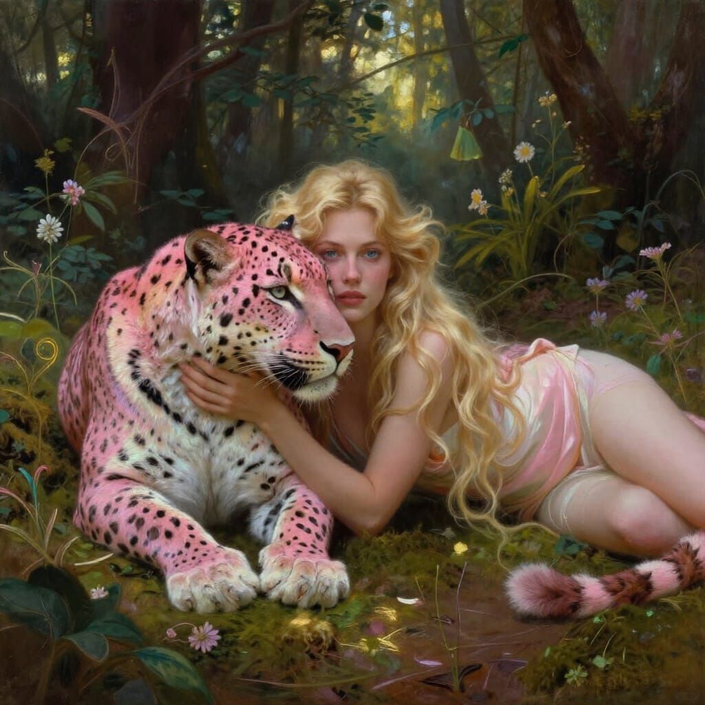 Woman and Pink Leopard in Sunlit Forest Clearing