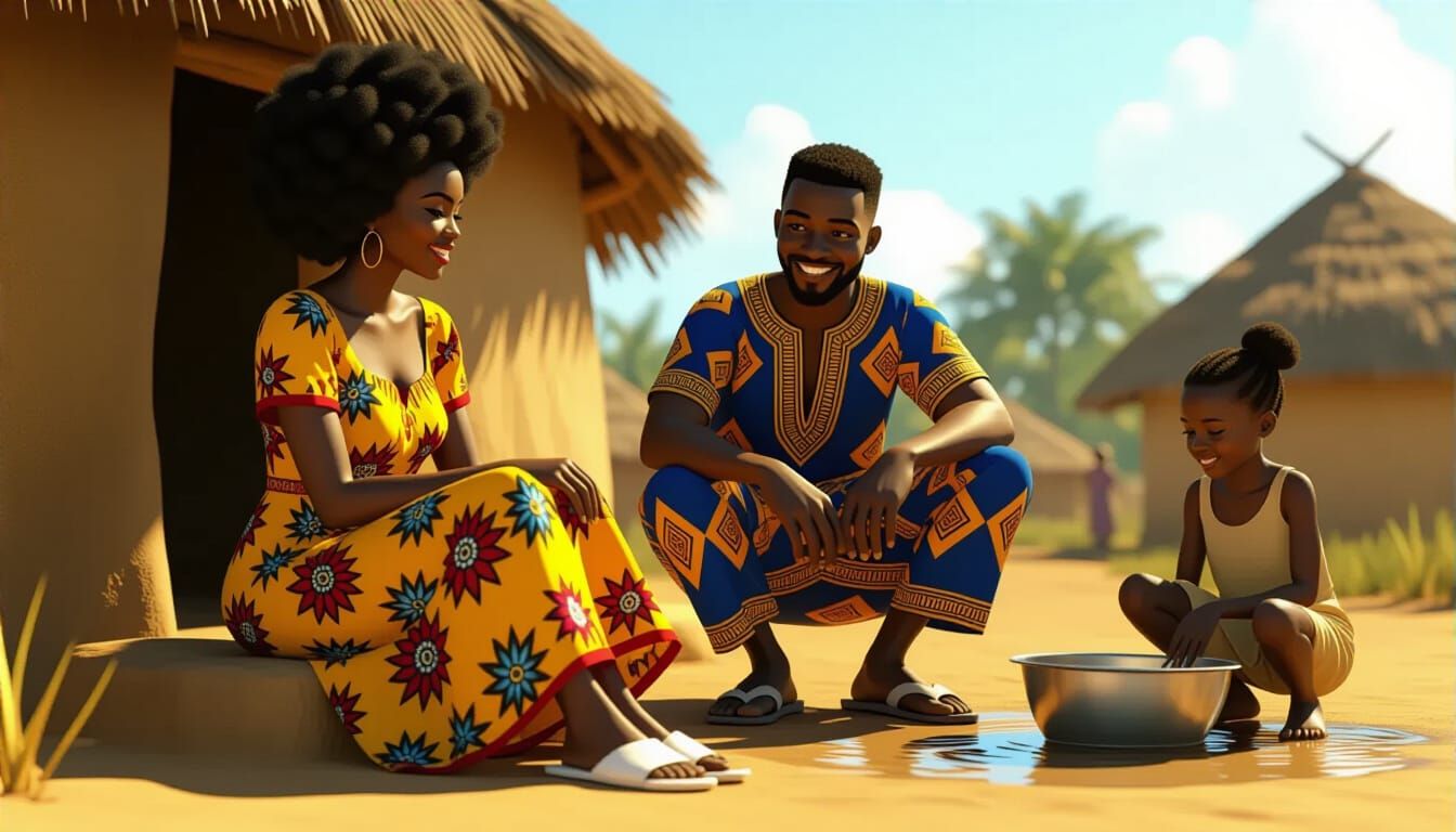 African Woman and Man in Ankara, Girl Washing Dishes