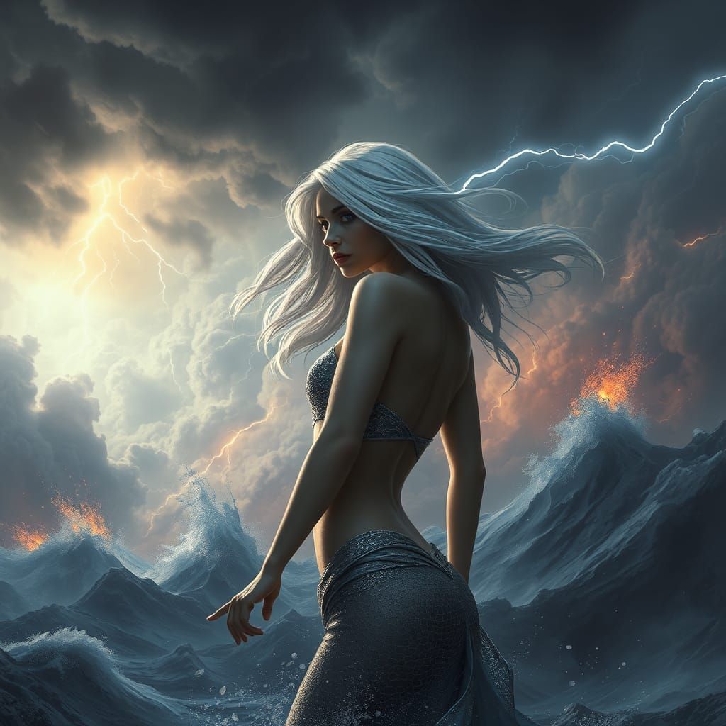 Majestic Siren in Tempestuous Storm, High-Fantasy Concept Ar...