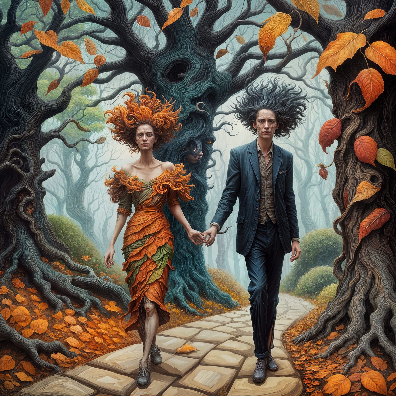 Macabre Couple in Tenebrism Style with Vibrant Foliage