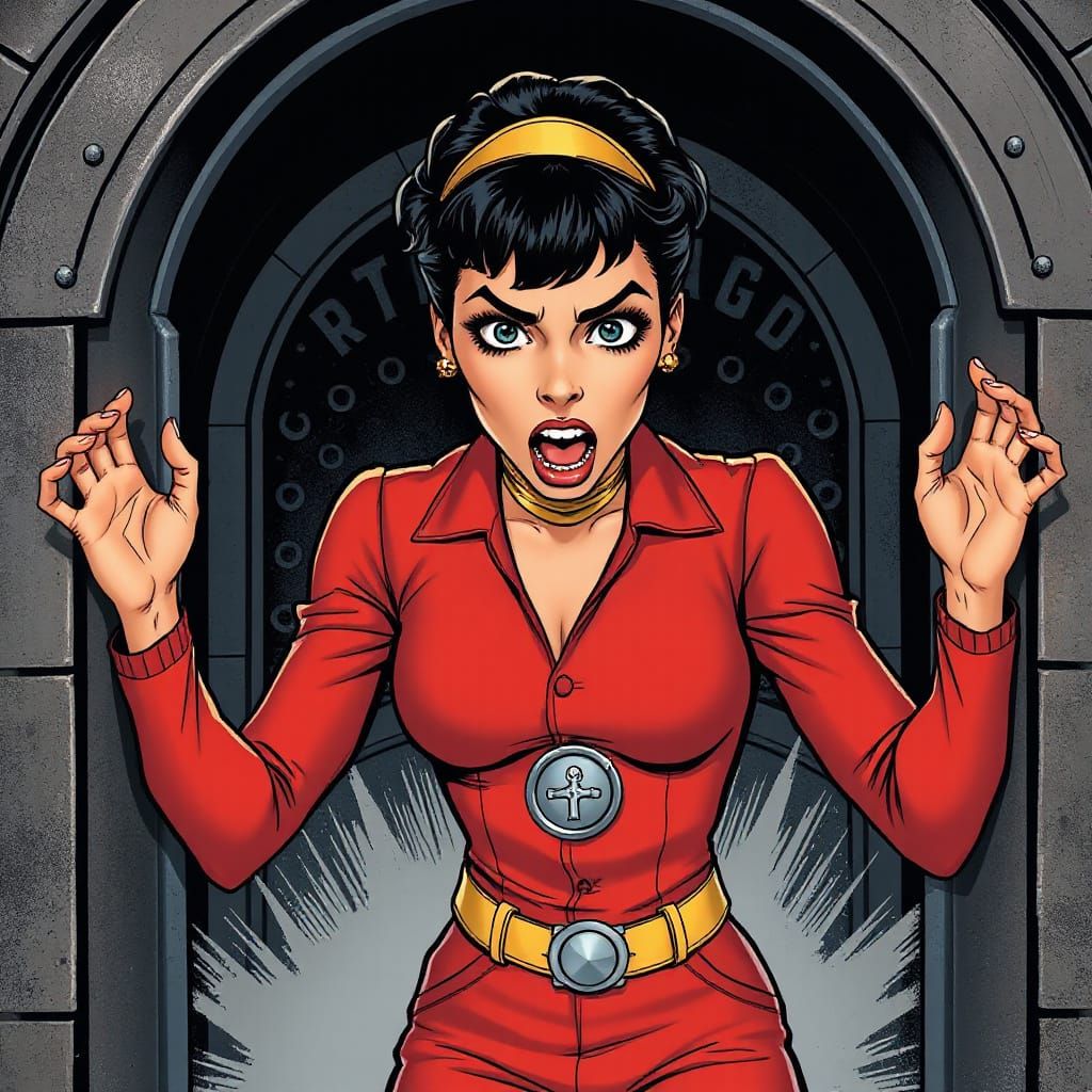 Frightened Woman in Red Jumpsuit, Comic Book Style