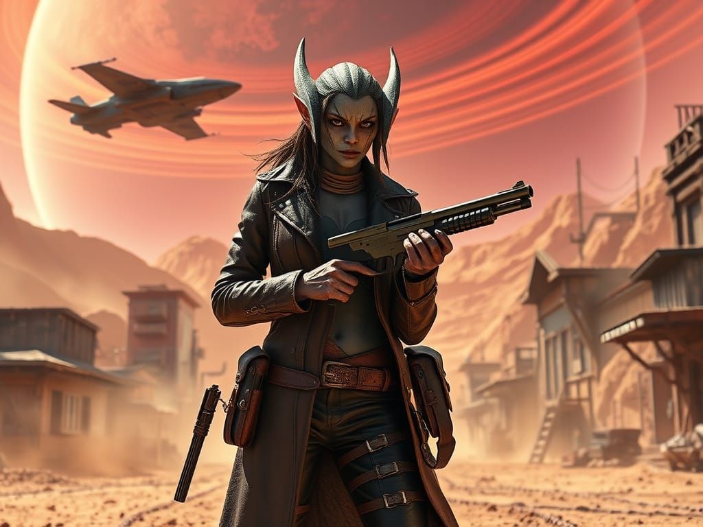 Surreal Space Western Gunslinger in Alien Town
