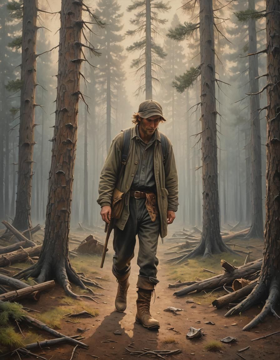 Weary Peasant Walks Home in Misty Forest