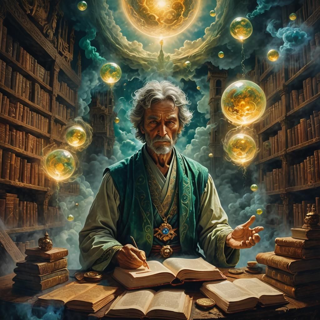 Ancient Sage Orb in Beksiński-Inspired Cloudscape