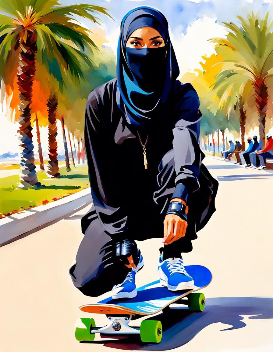 Watercolor Portrait: Hijabi Girl on Skateboard