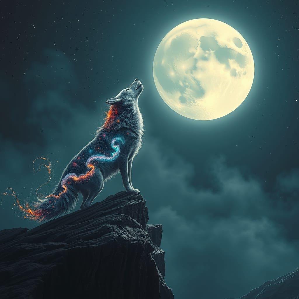 Cosmic Wolf Howling at Moon in Sci-Fi Landscape
