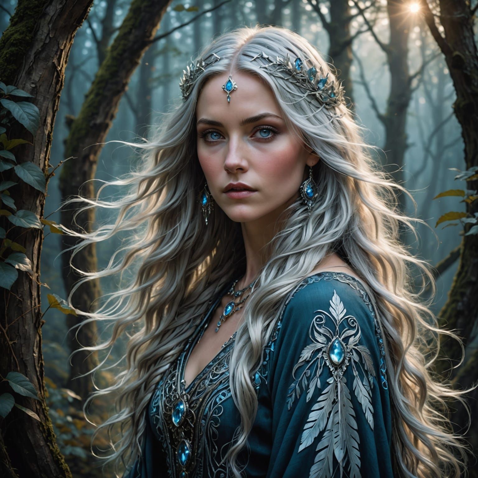 Mystical Woman with Silver Hair in Art Nouveau Style