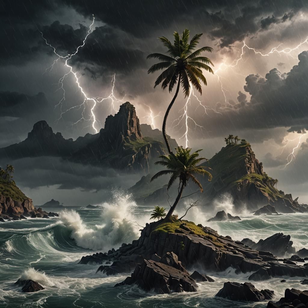 Stormy Island: Lightning Strikes in Digital Painting