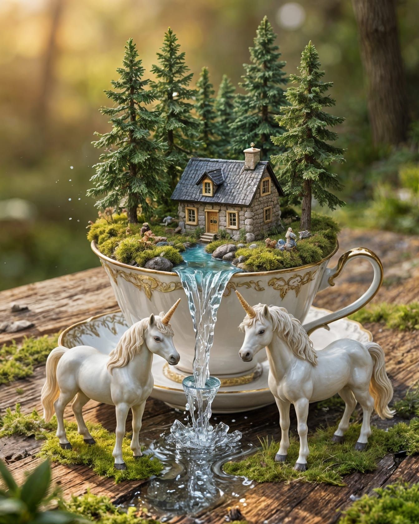 Surreal Teacup with Unicorns and Waterfall
