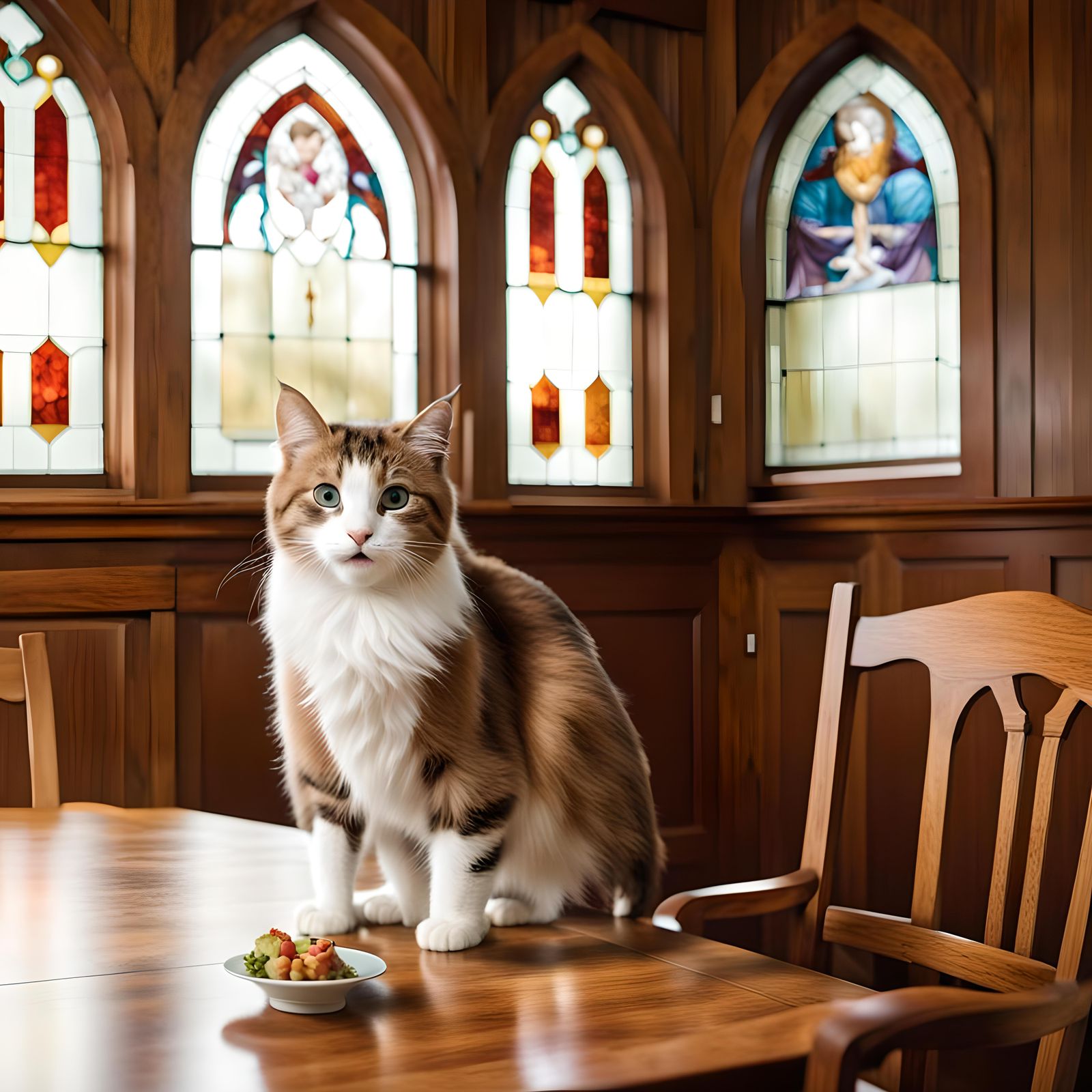 Smiling Cat in Dining Room with Stained Glass