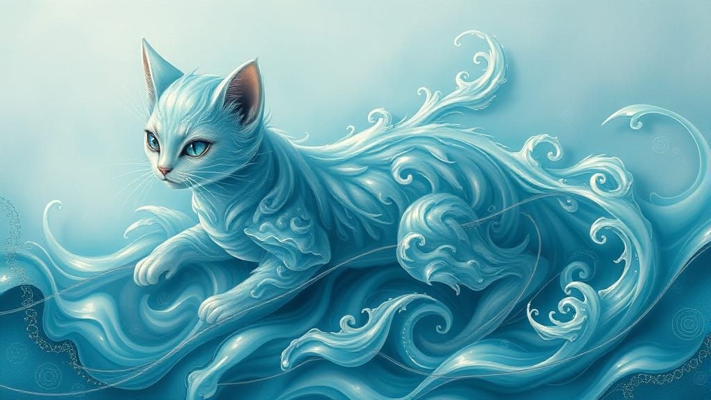 Ethereal Feline Formed from Undulating Waves of Cyan Water