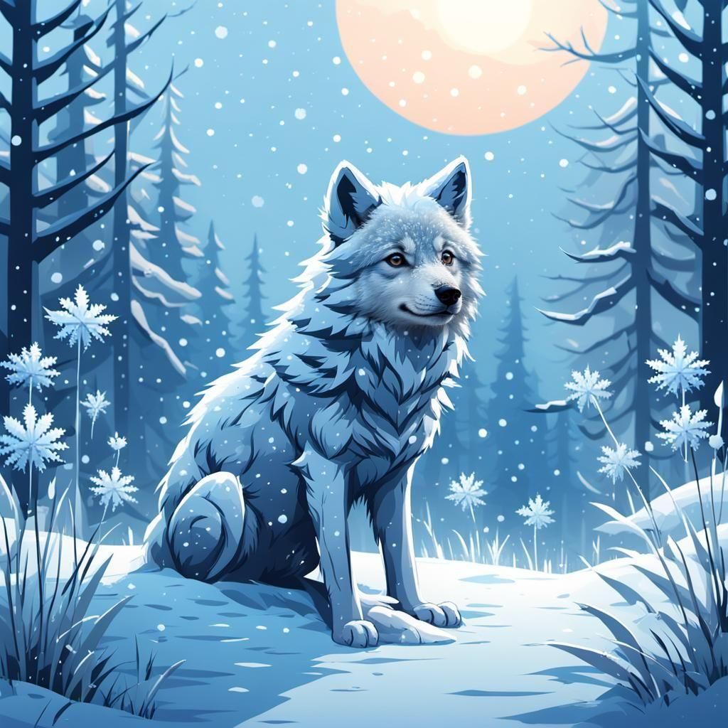 Baby Wolf in Winter Pixel Art Scene