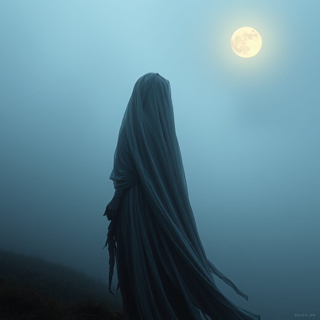 Ethereal Figure in Moonlit Landscape