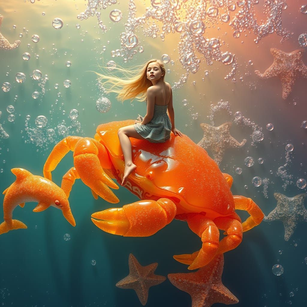 Woman Rides Gummy Crab Through Soda Sea