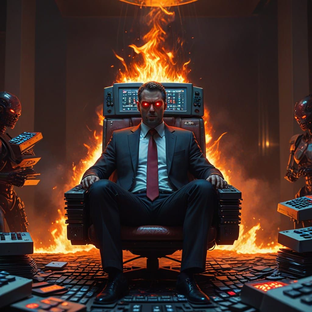 Satirical AI Overlord in Dystopian Corporate Chic