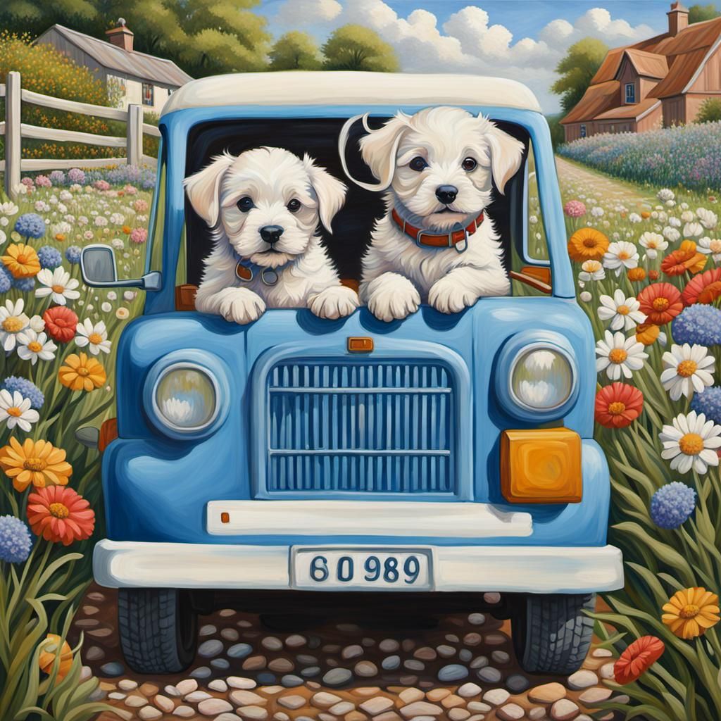 Hyperrealistic Oil Painting of Maltese Puppies in Toy Truck