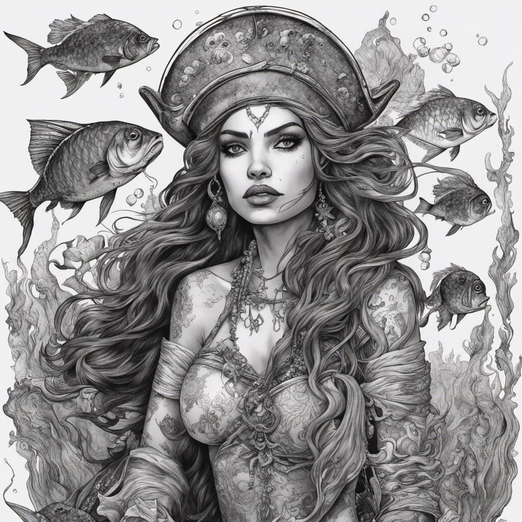 Indian Tattooed Mermaid Pirate in Gothic Ink Drawing