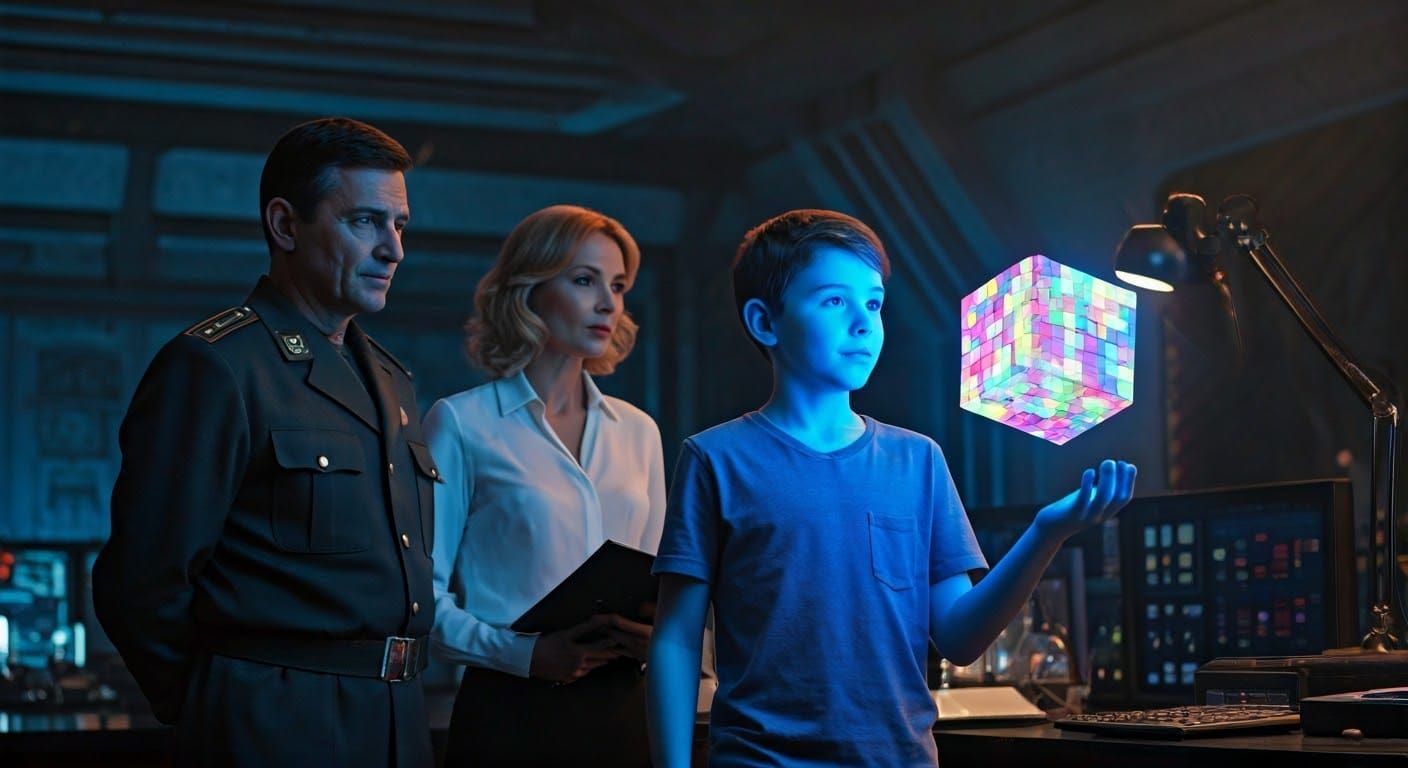 Boy Marvels at Levitating Multicolor Cube in Sci-Fi Laborato...