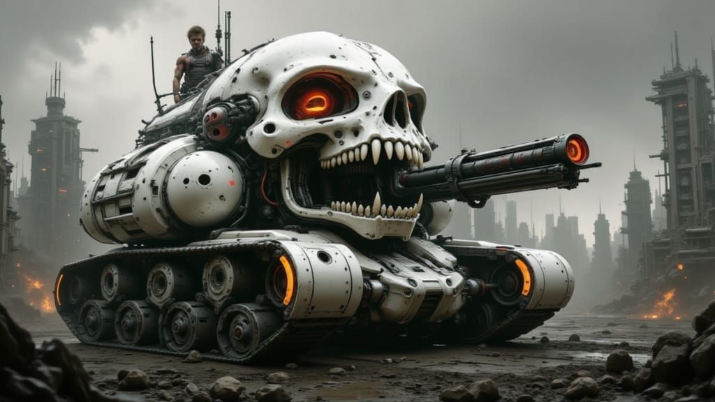 Alien Juggernaut Rolling Through Ruined Cityscape