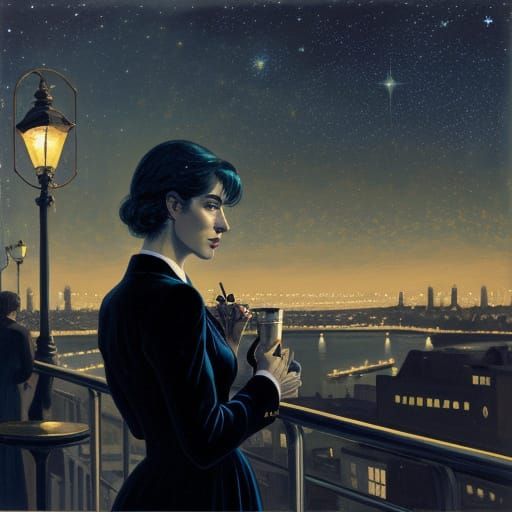 Glimmering STAR-STUDDED SKY Stargazer, 
City at Night, EDWARD HOPPER, Vivian Maier. Velvet Painting, Post-Impressionism